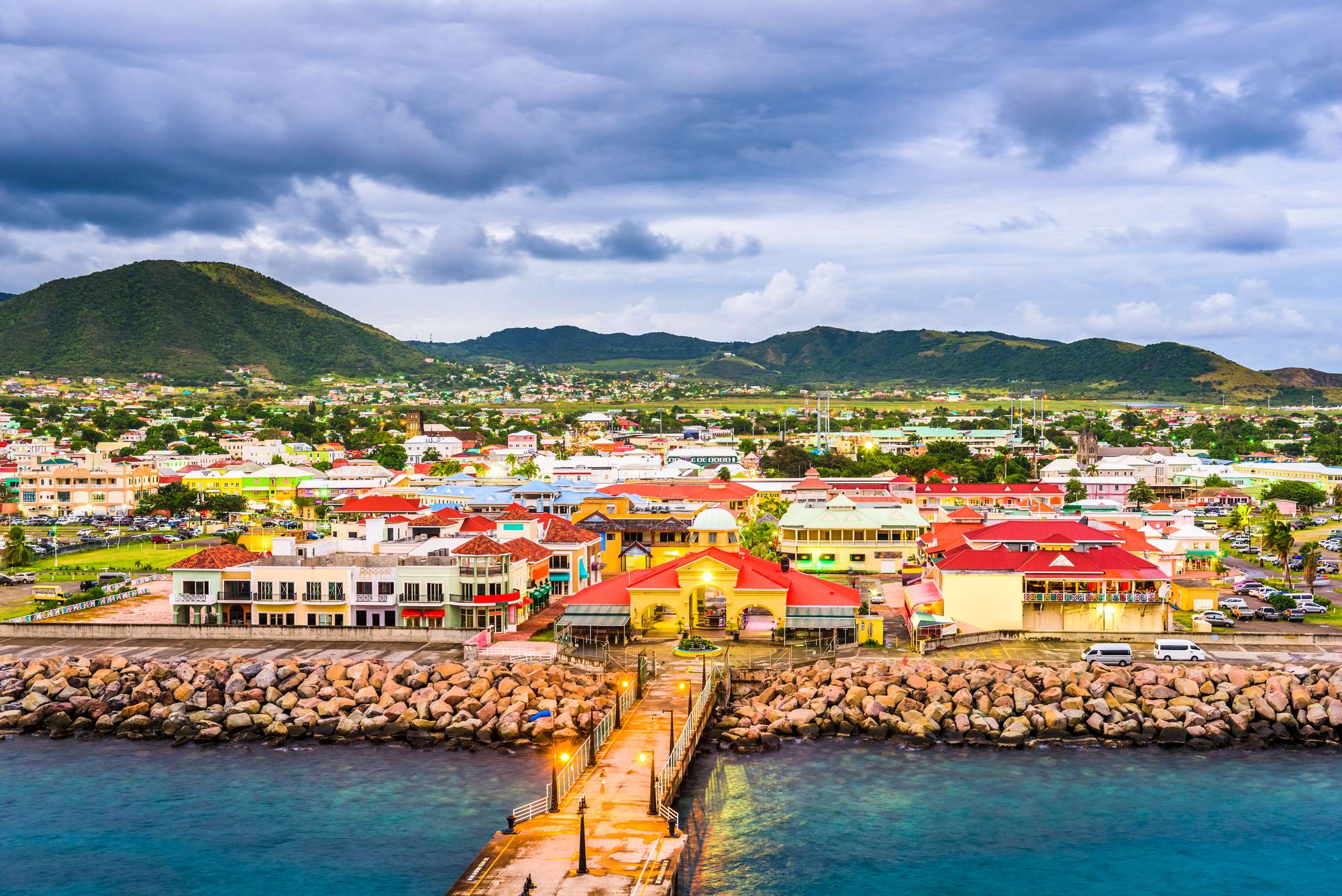 Basseterre, St. Kitts and Nevis town skyline at the port.